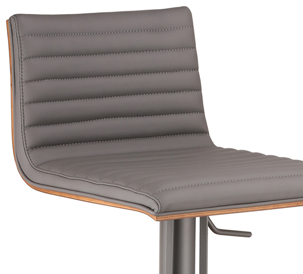 Carmichael Adjustable Gray Metal Barstool, Gray Faux Leather With Walnut Back