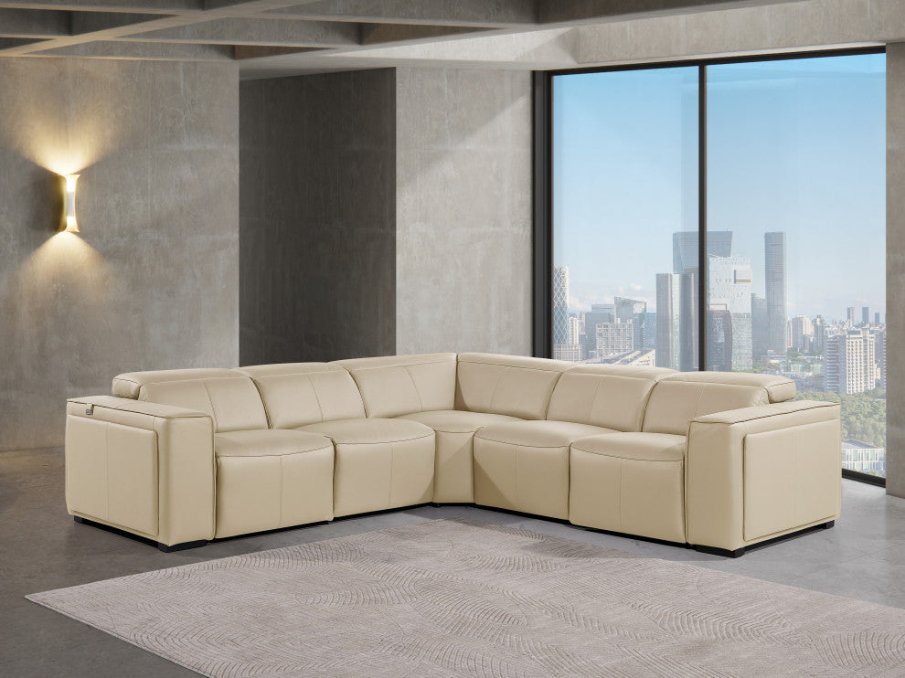 Niccolo Italian Leather 5-Piece L-Shaped Power Reclining Sectional, Beige