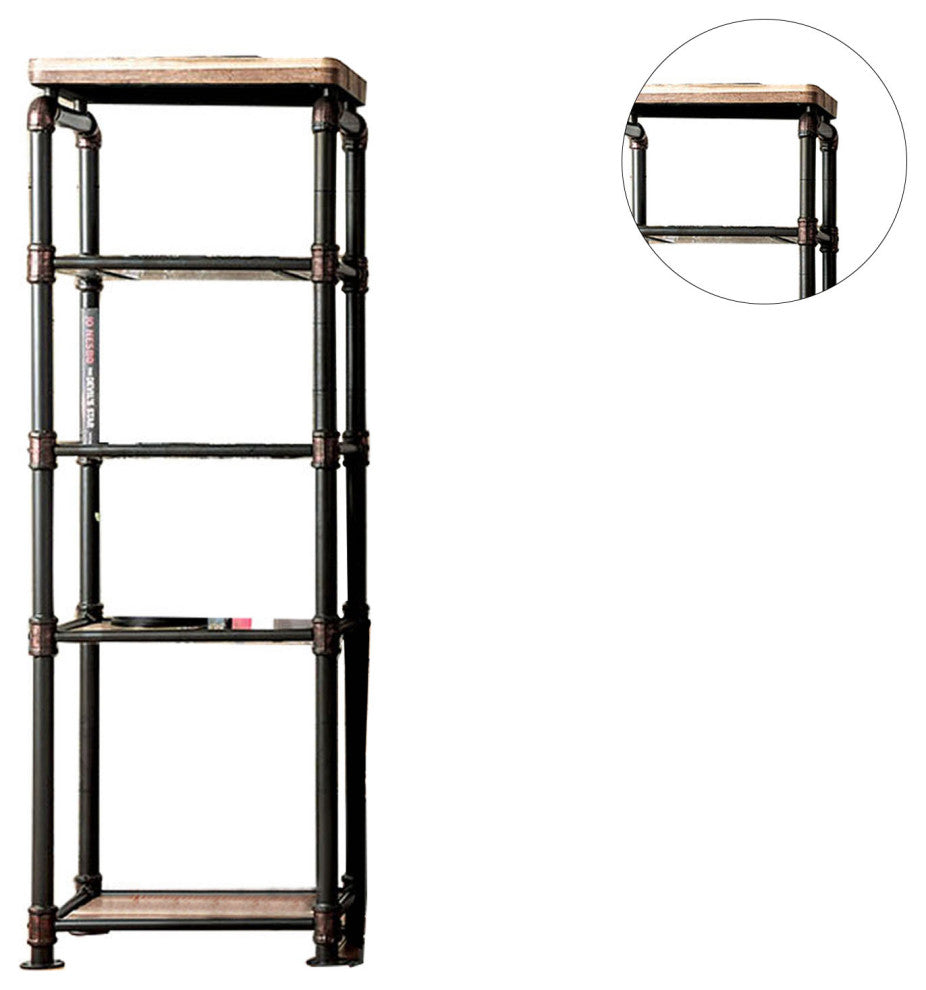 Metal and Wood Pier Cabinet With 4-Tier Shelf, Antique Black and Natural Tone
