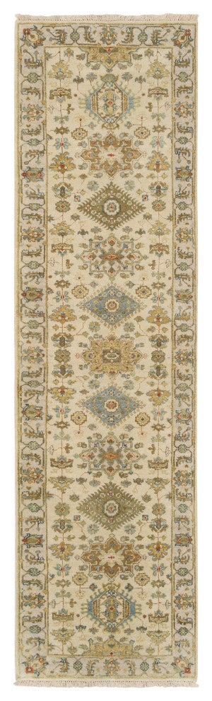 Ivory, Karajeh Design, Soft Pure Wool, Hand Knotted, Oriental Rug, 2'7" x 9'9"