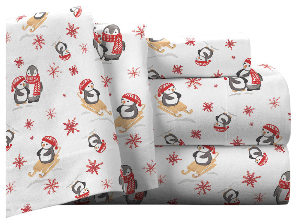Pointehaven 175 GSM Cotton Flannel Sheet Set, Penguin, Queen