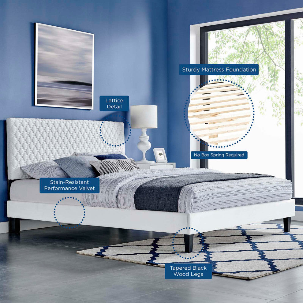 Platform Bed Frame, King Size, White, Velvet, Modern, Bedroom Guest Suite