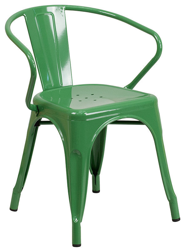 Commercial Grade 30" Round Green Metal Indoor-Outdoor Table Set, 2 Arm Chairs