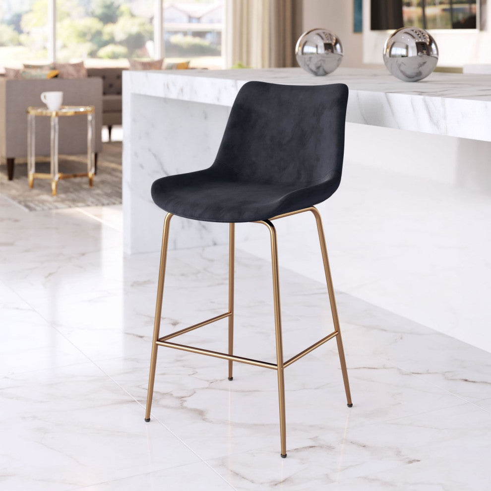 Counter Stool Chair, Steel Metal, Fabric, Black, Gold, Bar Kitchen Cafe Bistro