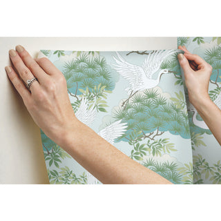 Sprig and Heron Wallpaper, Tame Teal