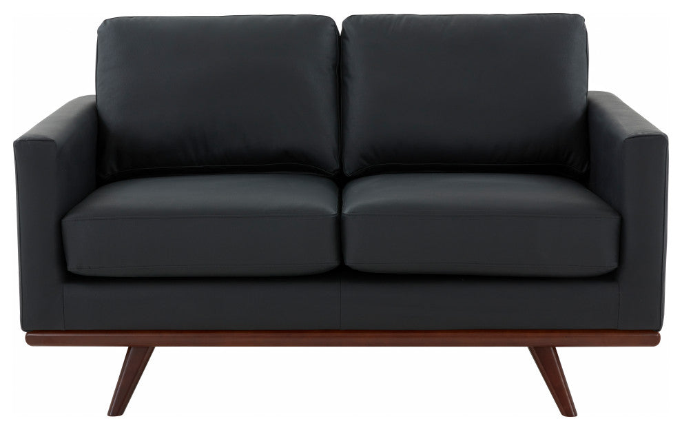 LeisureMod Chester Modern Leather Loveseat With Birch Wood Base, Black
