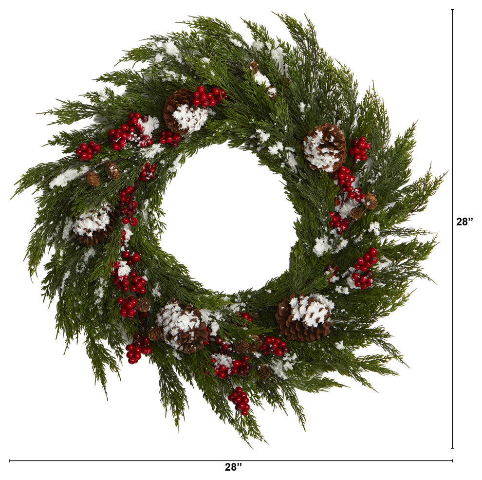 28" Frosted Cypress With Berries and Pine Cones Artificial Wreath