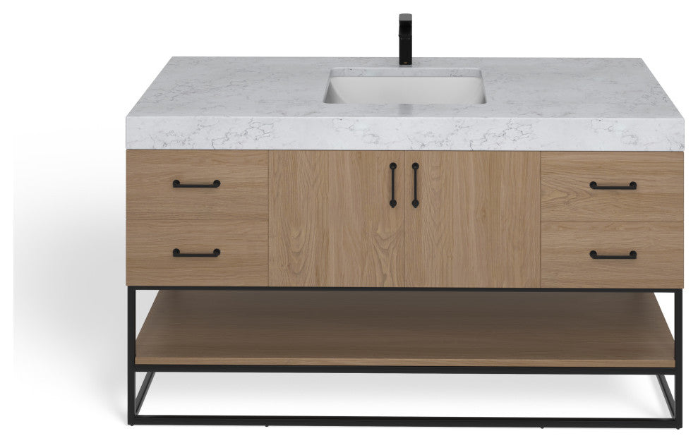 Bahia Bath Vanity, Oak, 60", Matte Black Hardware, Single, Freestanding