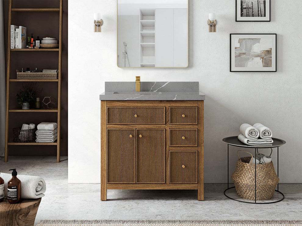 Sonoma Teak 36 Left Offset Bath Vanity in Dark Natural with 2" Piatra Gray