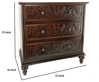 32" Classic Wood Dresser Chest, 3 Drawers, Floral Carving, Brass, Brown