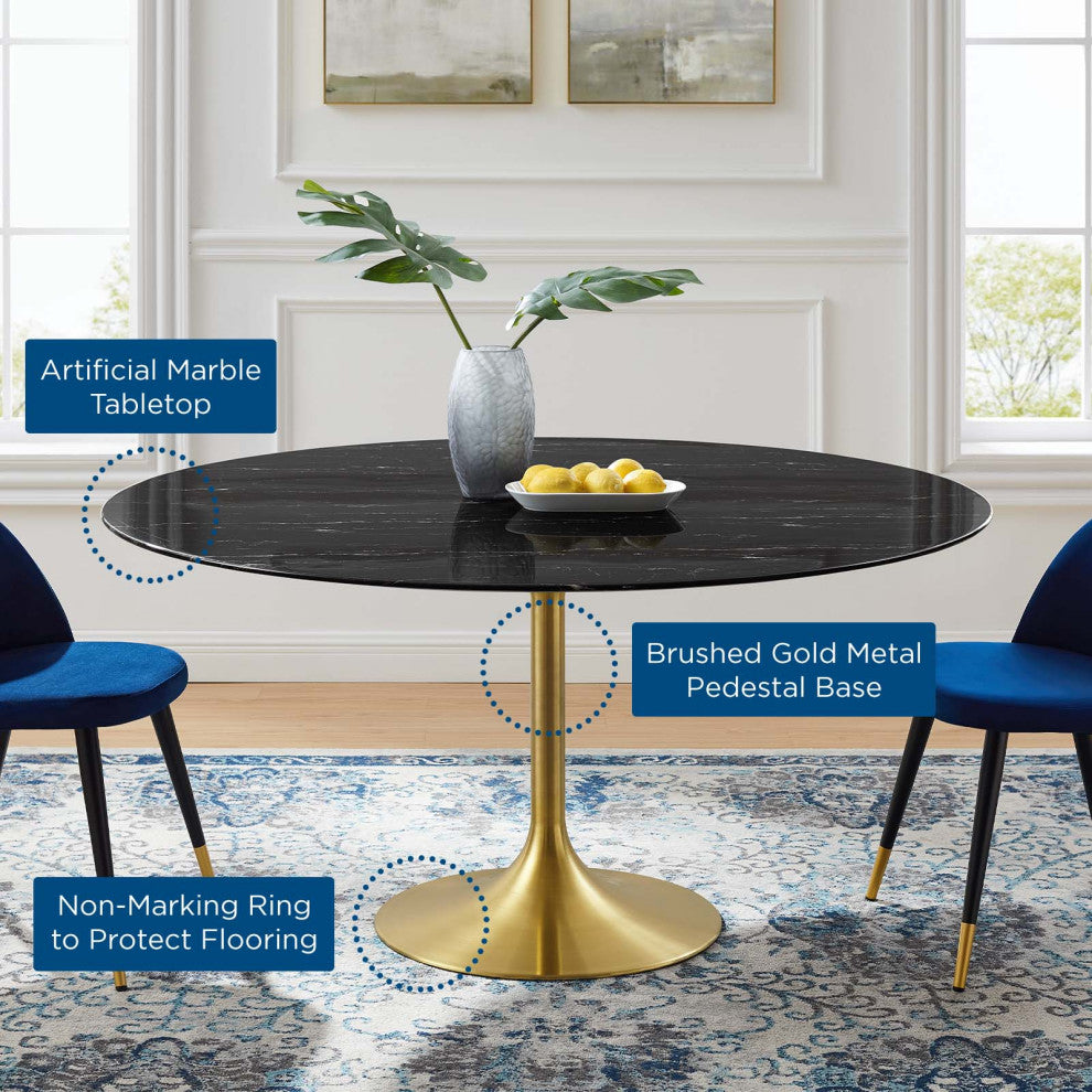 Tulip 60" Artificial Marble Dining Table-Gold Black