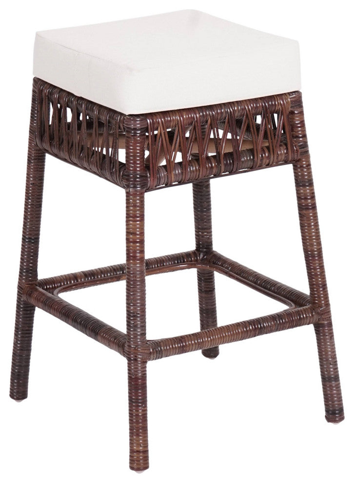 25.5"Bohemian Basics Rattan Backless CounterStool,White Cushion,Dark Brown Frame
