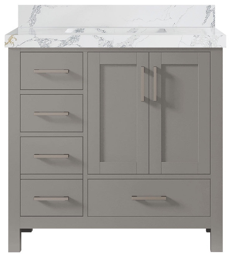 Malibu 36 Center Sink Bath Vanity in Elephant Skin Gray 2" Calacatta Poanazzo