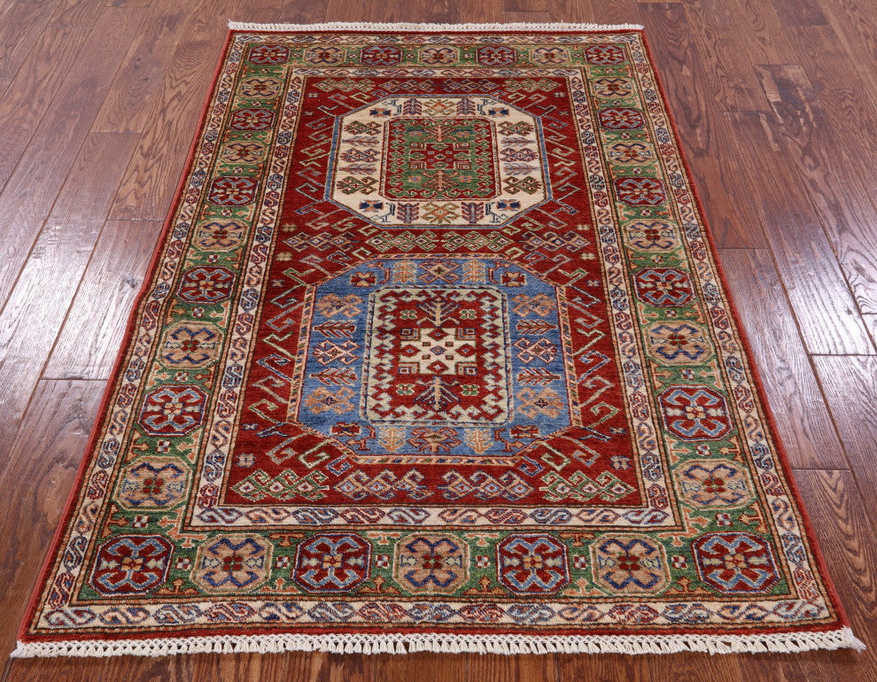 3' 9" X 5' 6" Geometric Super Kazak Handmade Rug - Q12977