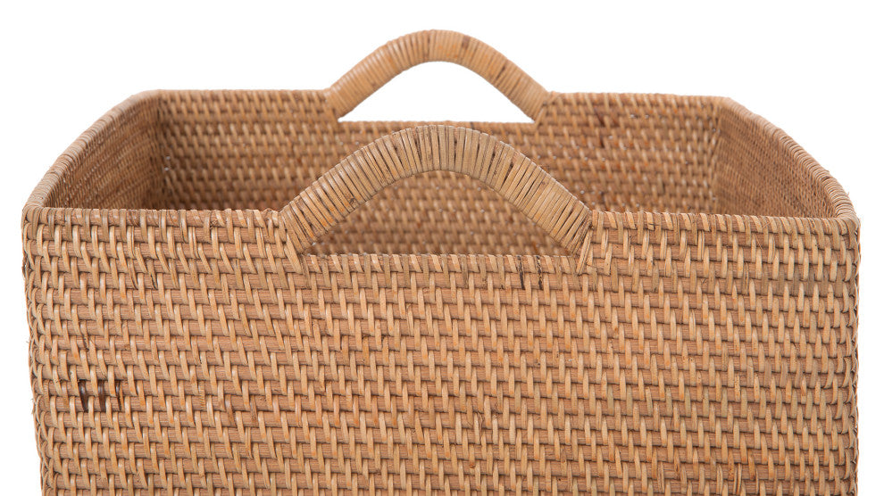 Loma Rectangular Tall Decorative Rattan Storage Basket with Ear Handles, Large, Honey Brown