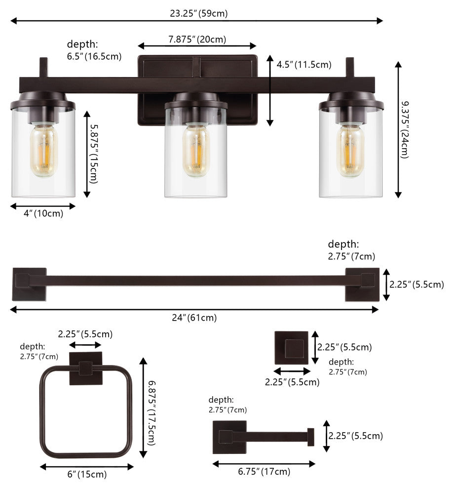 3-Light Industrial Vanity Light With Bathroom Hardware Accessory Set, 5-Piece