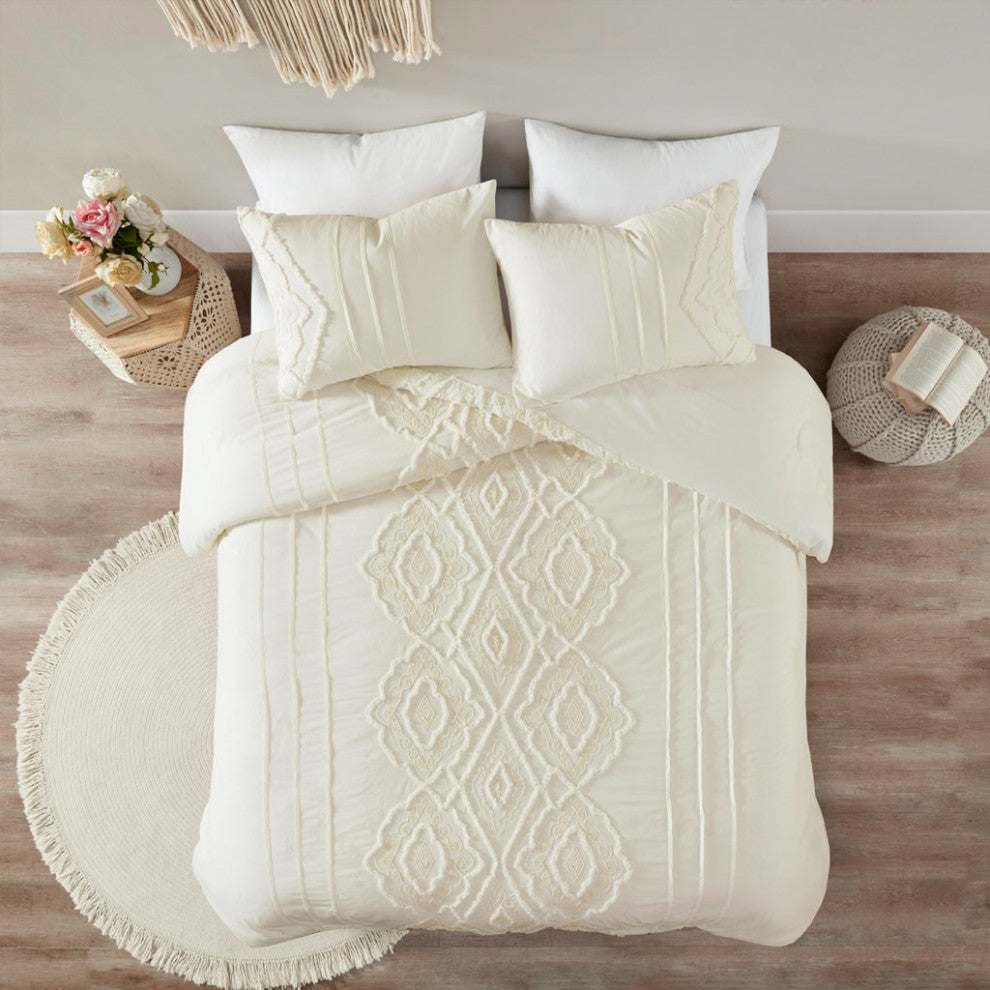 Madison Park Margot Geo Chenille 3-Piece Comforter/Duvet Cover Mini Set, Ivory