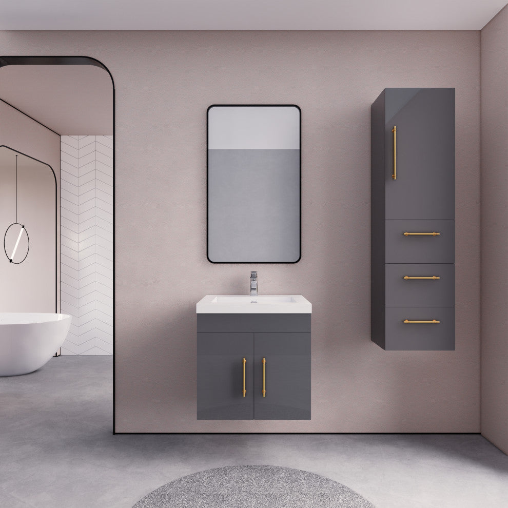 Rosa 24" WALL MOUNTED Modern Vanity, High Gloss Gray, Glossy White Top