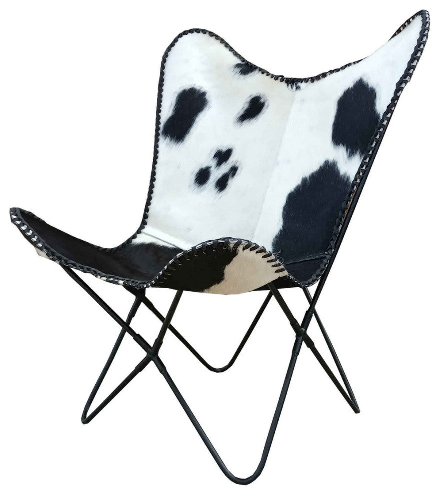 Butterfly Chair Milo, Visually Striking Black And White Cowhide