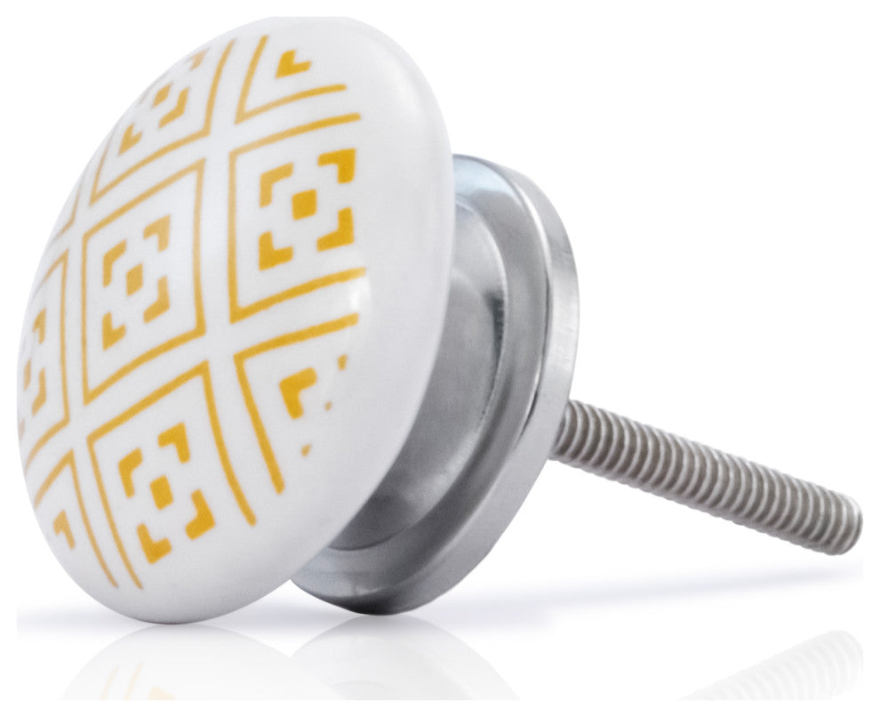 Mascot Hardware White Ceramic Knob with Yellow Geometric Pattern - Pack of 10