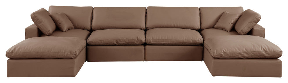 Comfy Upholstered U-Shaped Modular Sectional, Brown, 6-Piece: 2 Armless Chair, 2 Corner Chair, 2 Ottoman, Vegan Leather