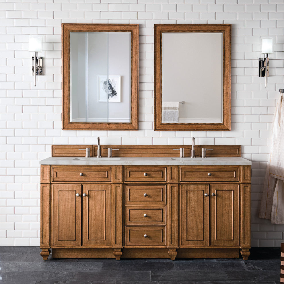 Bristol 72" Double Vanity Bright White, Saddle Brown, Victorian Silver, Three-Hole