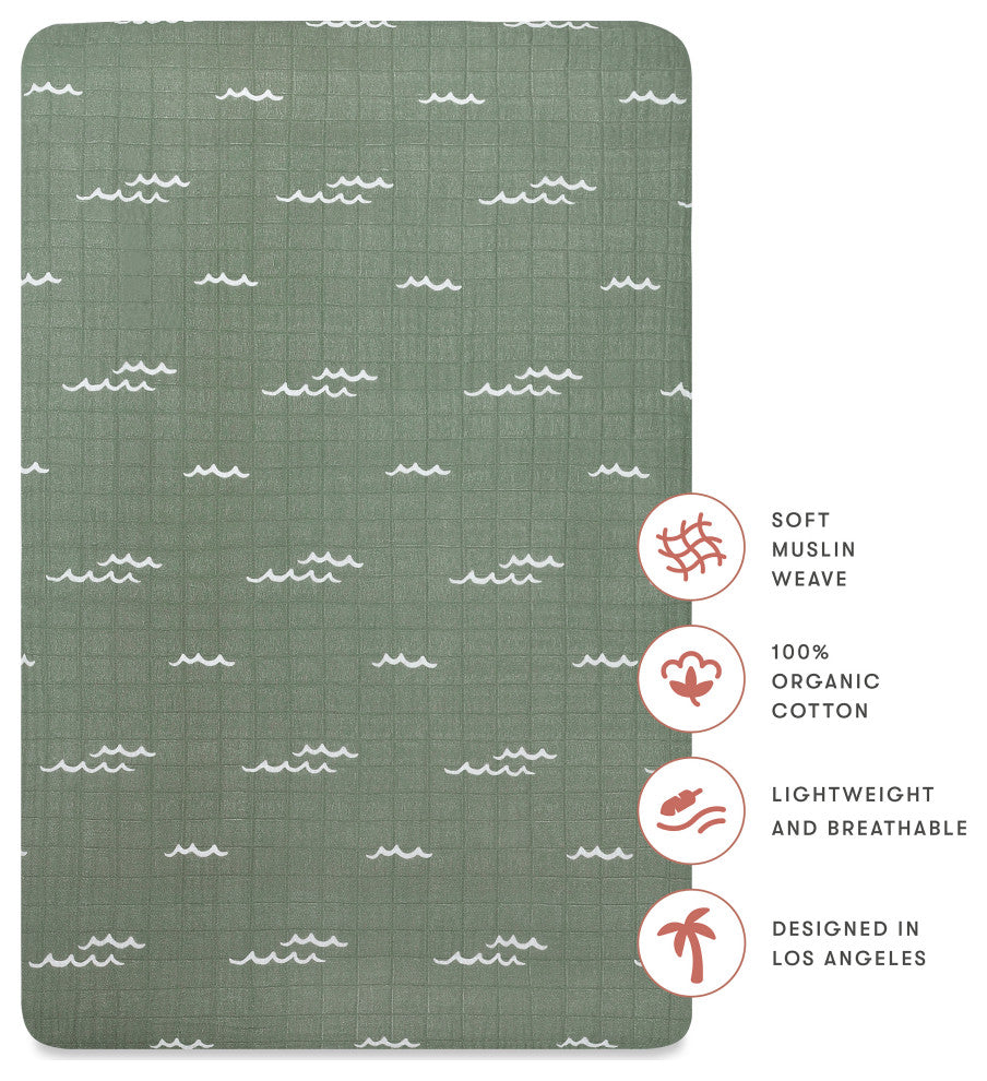 Mini Crib Sheet, GOTS Certified Organic Muslin Cotton, Ocean Waves