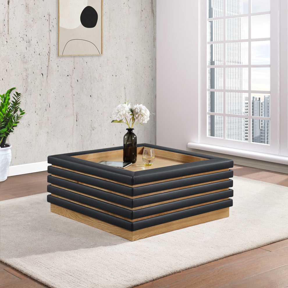 Rory Black Faux Leather Coffee Table, Black, Square, Natural Finish