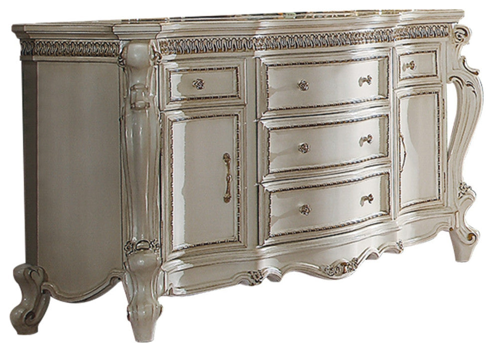 Benzara BM185475 5 Drawer & 2 Door Dresser, Carved Cabriole Legs, Antique Pearl
