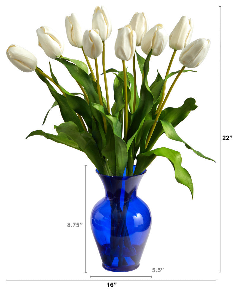 22" Dutch Tulip Artificial Arrangement, Blue Colored Vase