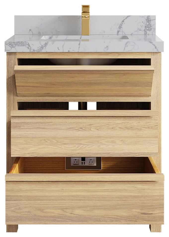 Elizabeth Oak 30" Single Sink Vanity, White 2" Venatino Quartz