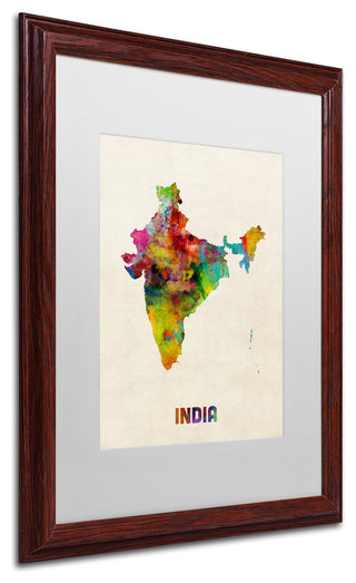 "India Watercolor Map" Matted Framed Canvas Art by Michael Tompsett