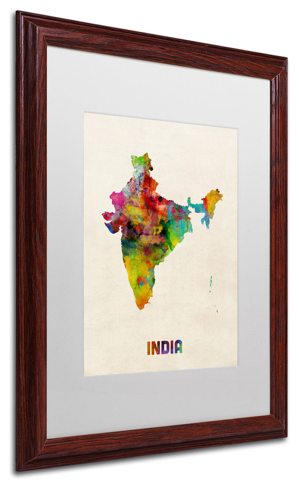 "India Watercolor Map" Matted Framed Canvas Art by Michael Tompsett