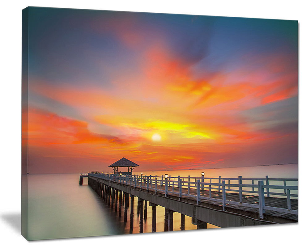 "Wooden Bridge Under Yellow Sky" Sea Pier Wall Art Canvas Print, 40"x30"