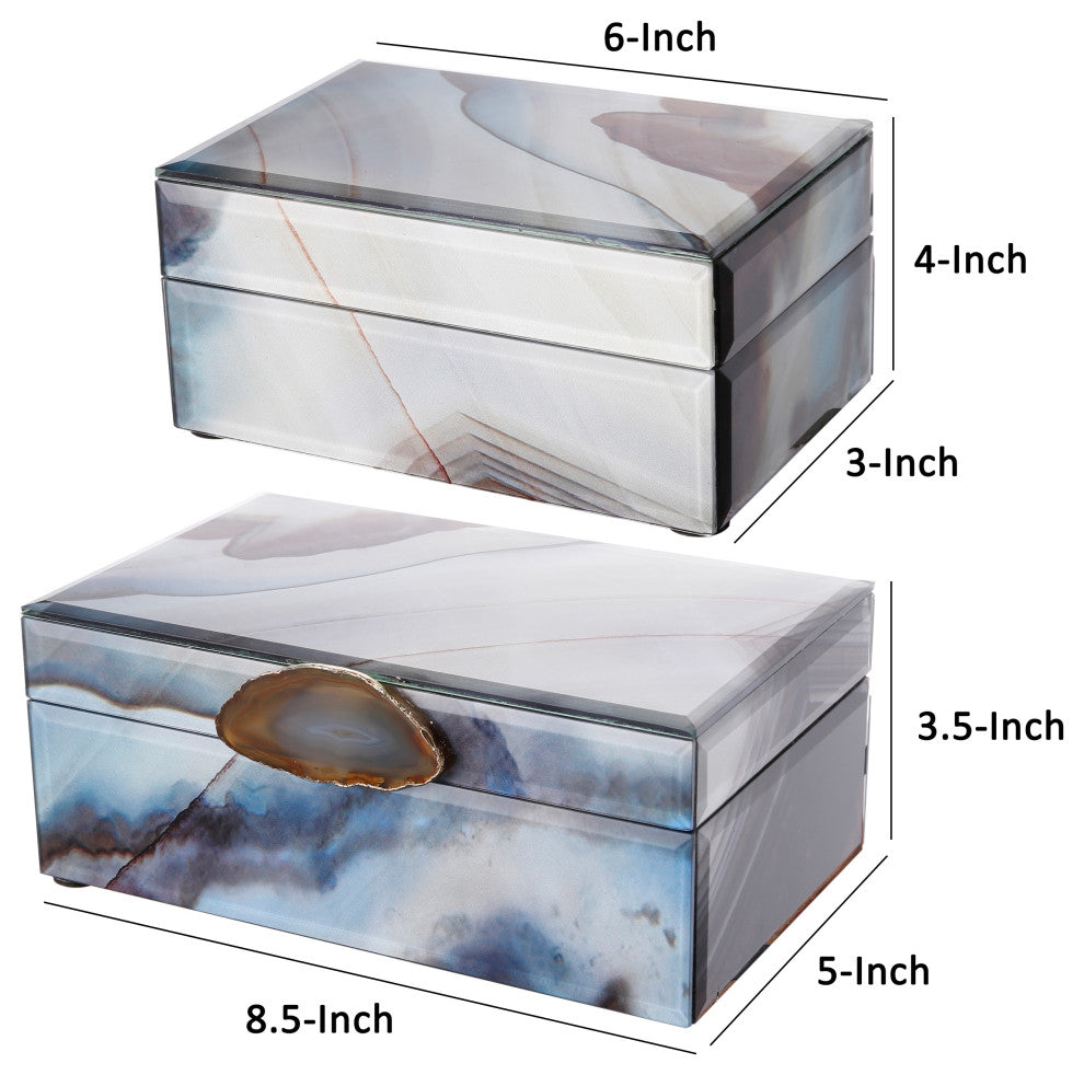 Benzara BM285522 8, 6" Jewelry Box, Blue Silver Marble Effect, Glass and Stone