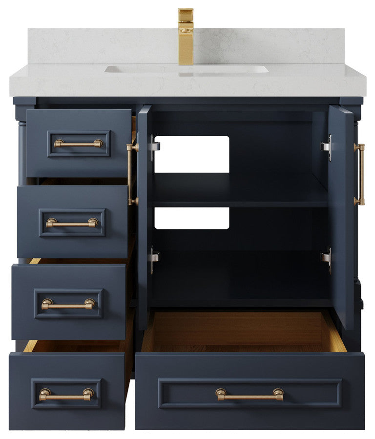 Aberdeen 36 Center Sink Bath Vanity in Hale Navy Blue  2" Carrara Quartz