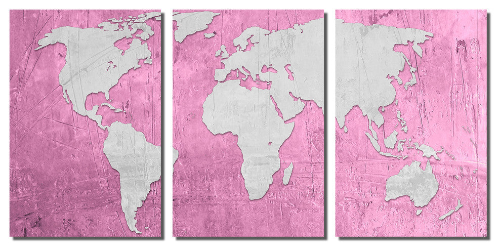Pink, Pale Plum, Silver World Map Metal Print Wall Art, 3 Panel Split,