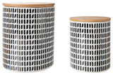 Bamboo Lid Ceramic Canister with Line Pattern Matte White Finish, Set of 2