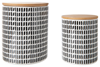 Bamboo Lid Ceramic Canister with Line Pattern Matte White Finish, Set of 2