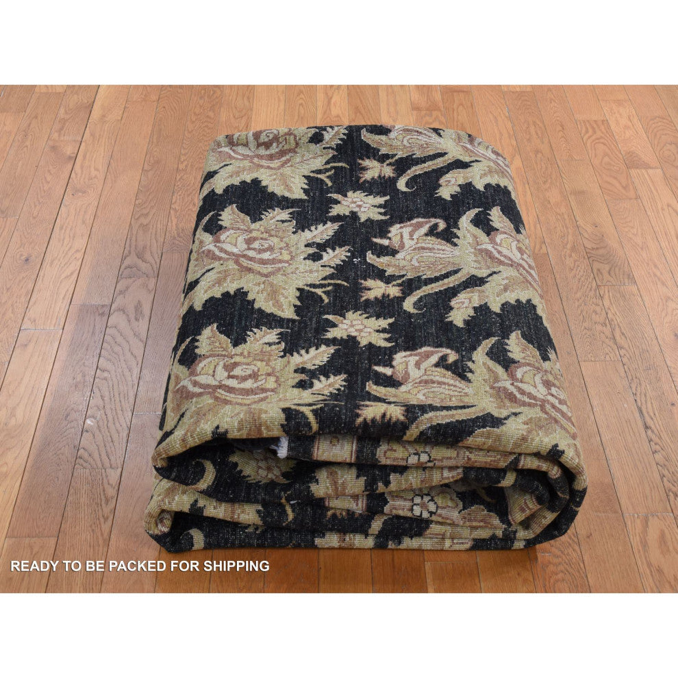 Black Dense Weave Fine Peshawar Hand Knotted Wool Oriental Rug 9'1" x 12'4"