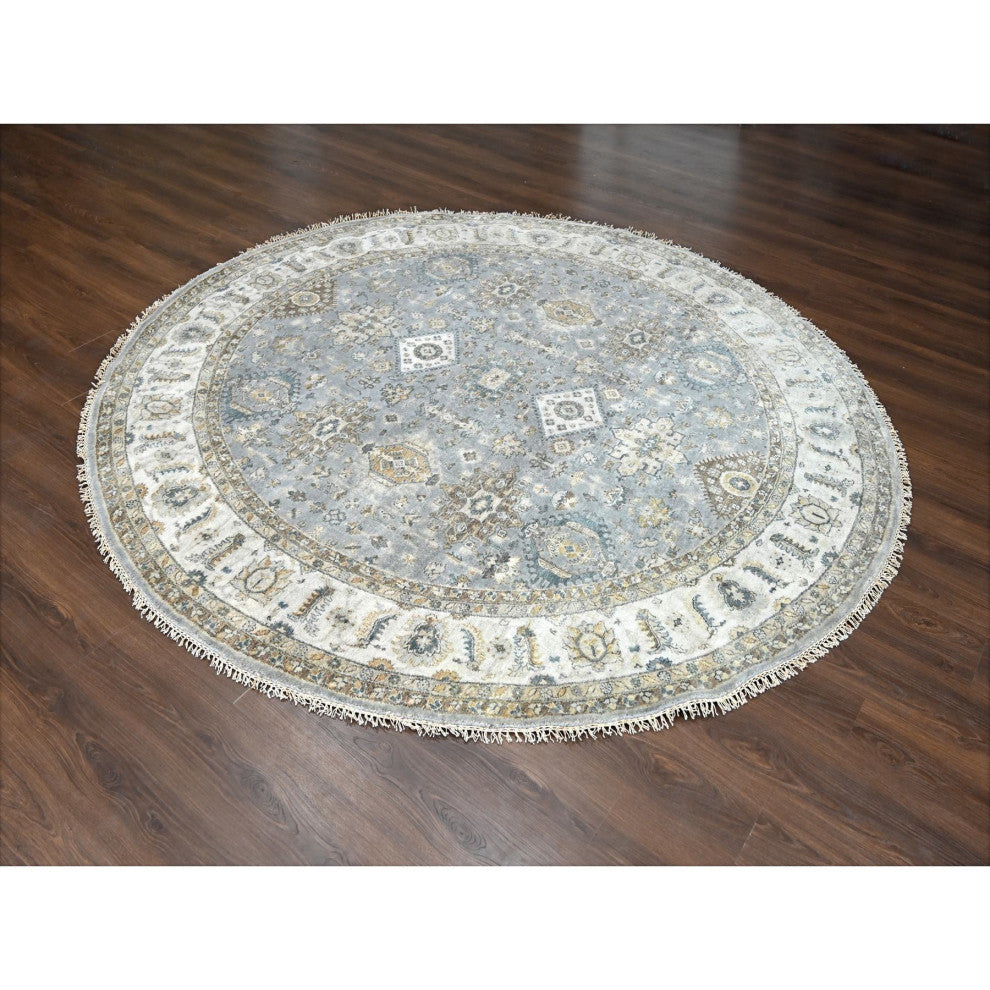 Blue Gray Hand Knotted Karajeh Design Wool Round Oriental Rug, 8'10"x9'