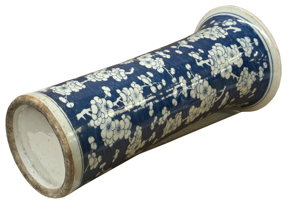 Vintage Chinese Blue White Blossom Wide Mouth Column Porcelain Vase Hws4329
