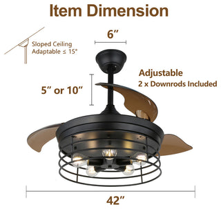 42" Black Industrial Retractable Ceiling Fan with Remote and Light Kit, Black