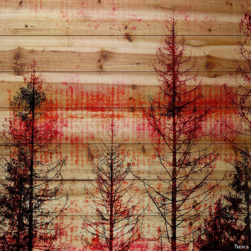 "Red Enchanted Forest" Print on Natural Pine Wood, 32"x32"