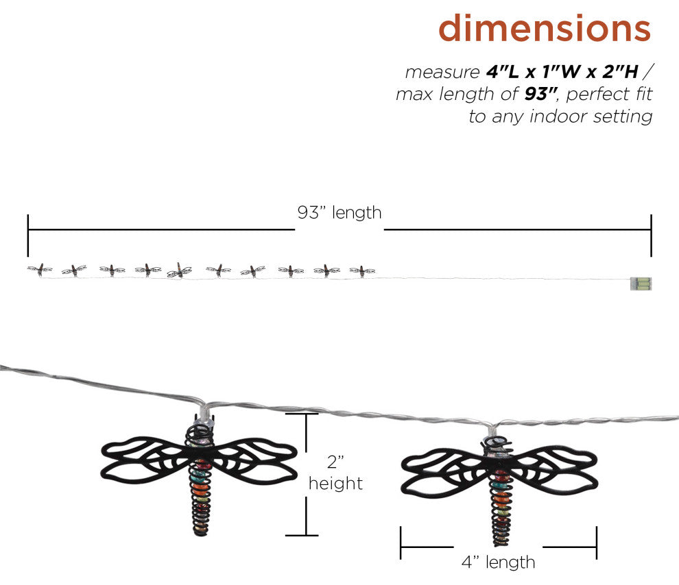 93"L Indoor 10-Bulb Decorative Metal Dragonfly LED String Lights