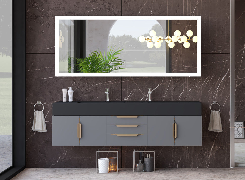 CastelloUSA Nile 72" Wall Mounted Bathroom Vanity Set, Gray, Black Top, Gold Handles