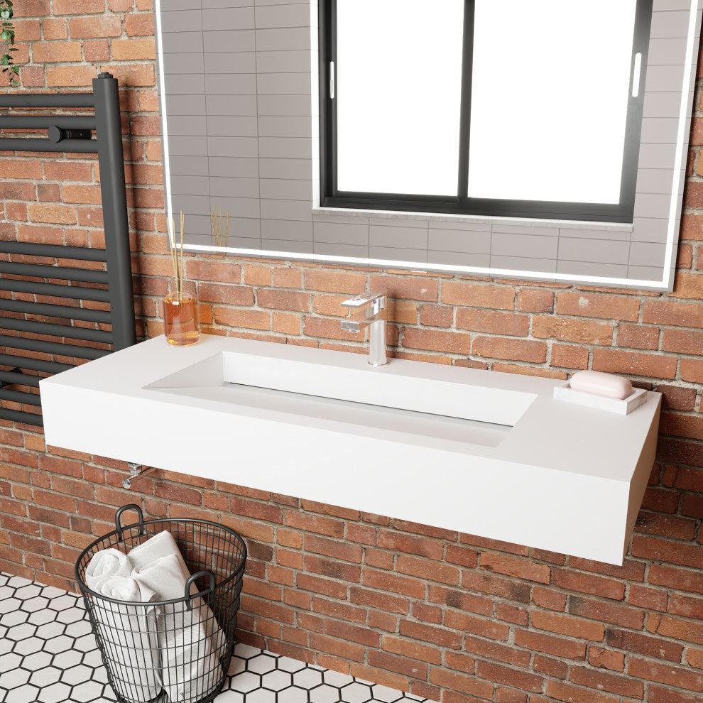 CastelloUSA Pyramid Solid Surface Wall Mounted Ramp Basin Sink, White, 48", Standard