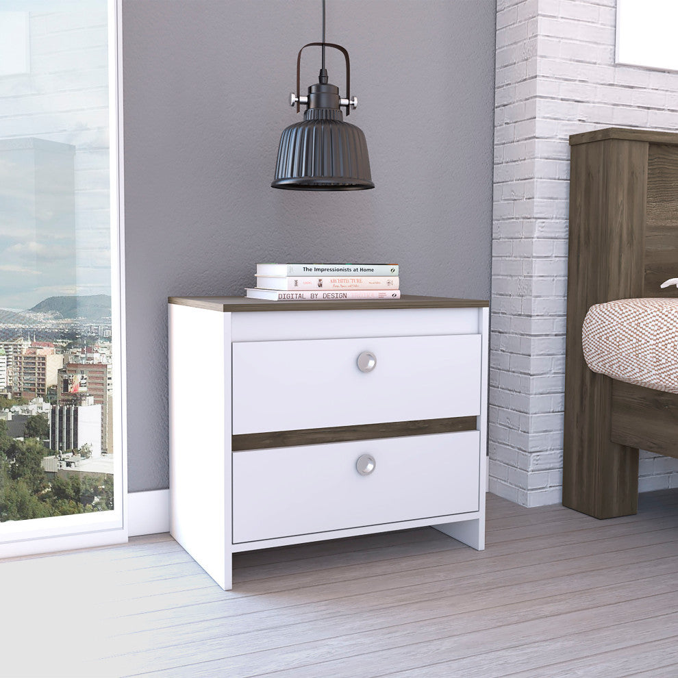 Lily Nightstand with 2 Drawers, White/Dark Brown