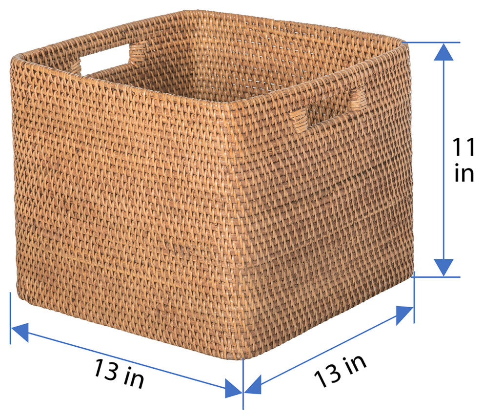 Loma Decorative Square Rattan Storage Basket With Handles, Honey-Brown, Honey Brown