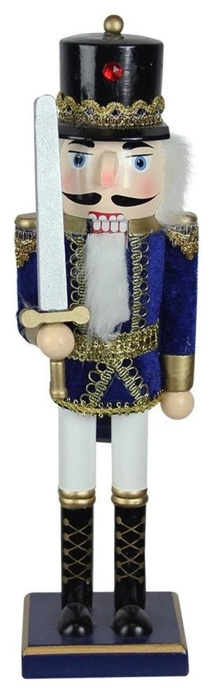 14" Wooden Blue, White and Gold Nutcracker Soldier With Sword